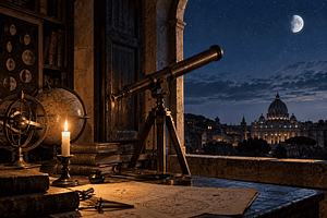 Télescope tourné vers le ciel étoilé, avec la basilique Saint-Pierre en arrière-plan