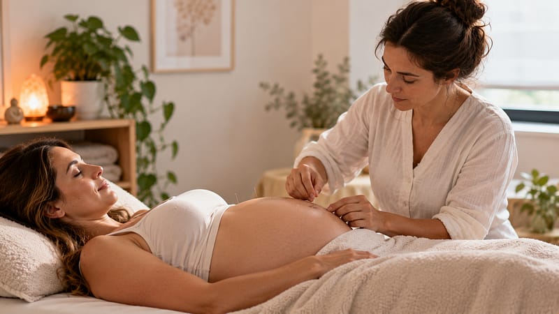 Image représentant un soin d'acupuncture pour la grossesse donné au centre de bien-être 6Dimensions