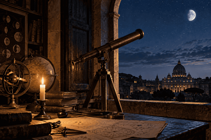 Télescope tourné vers le ciel étoilé, avec la basilique Saint-Pierre en arrière-plan