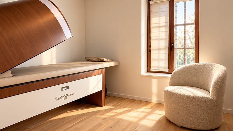 Espace de relaxation VITAL DOME® au centre de bien-être 6Dimensions à Wavre, dans une salle lumineuse et chaleureuse.
